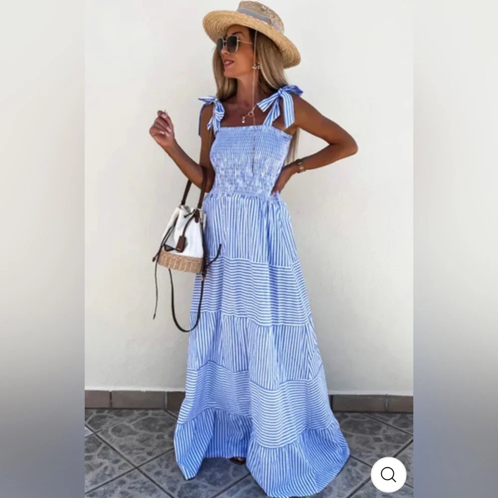 MARTINE Shirred Striped Maxi Dress - BLUE NWT - Picture 1 of 10